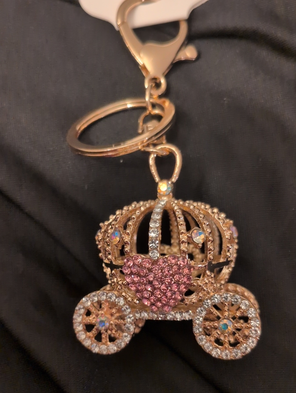 Gold-Tone Pink Crystal Carriage Keychain